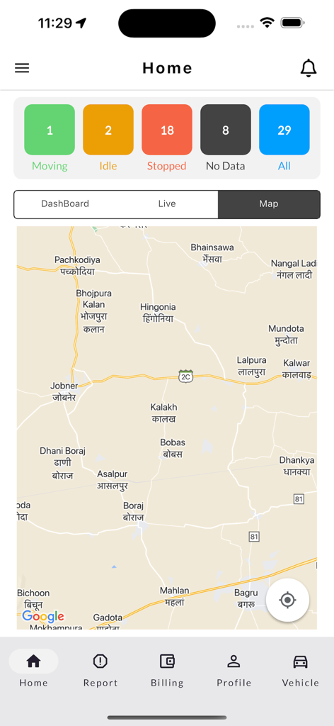 Gps Platforms - Mobiles Dashboard der Gps Platforms App mit einer Zusammenfassung des Flottenstatus und einer Live-Fahrzeugverfolgungskarte.