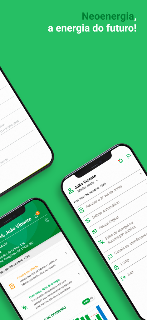 Captures d'écran mobiles de l'interface de l'application Neoenergia montrant la gestion de compte, les options de facturation et le signalement des pannes de courant.