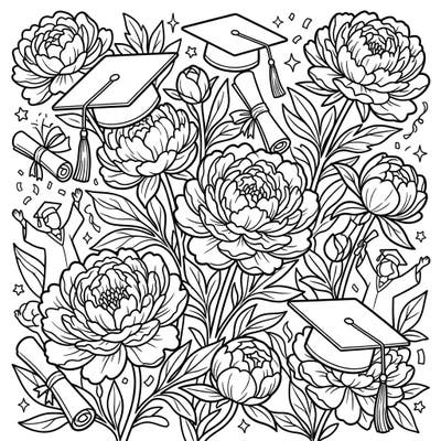Commemorate a special milestone with this beautiful coloring page featuring lush garden peonies and festive graduation elements. It's a delightful way to celebrate achievement and the beauty of nature combined.
