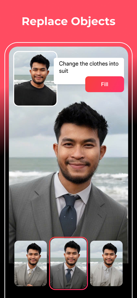 Magic Eraser - Remove Object - Interfaz de la aplicación Borrador Mágico mostrando la función de reemplazo de objetos cambiando una camiseta informal por un traje formal en un hombre.