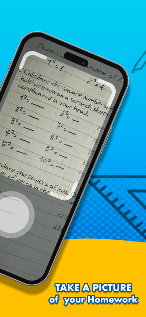 Homework Hans Learning App - A smartphone using the Homework Hans app to scan a math homework sheet with equations.