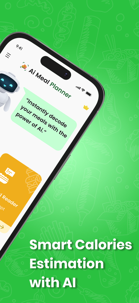 Pantalla de smartphone que muestra la aplicación AI meal planner con estimación inteligente de calorías y un asistente robótico