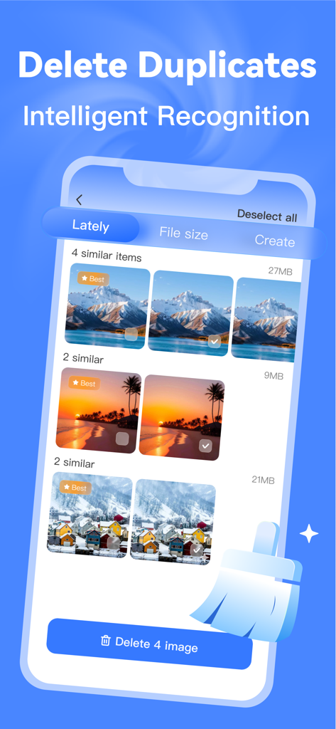Boost AI Cleaner: PhoneStorage - Interface of Boost AI Cleaner app showing similar photo recognition and the option to delete duplicate images to save storage.