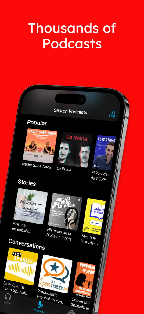 Glisten · Language Podcasts - A smartphone showing the Glisten app interface with a large selection of language learning podcasts categorized by Popular, Stories, and Conversations.