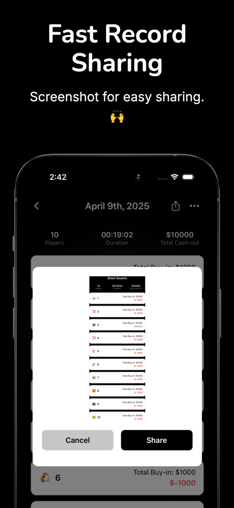 StackPro - StackPro mobile app screen displaying a poker game session summary for easy sharing with players