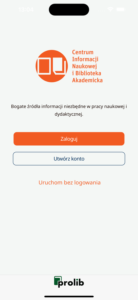 CINiBA Katowice - Schermata di accesso dell'app mobile CINiBA Katowice per il Centro Informazione Scientifica e la Biblioteca Accademica