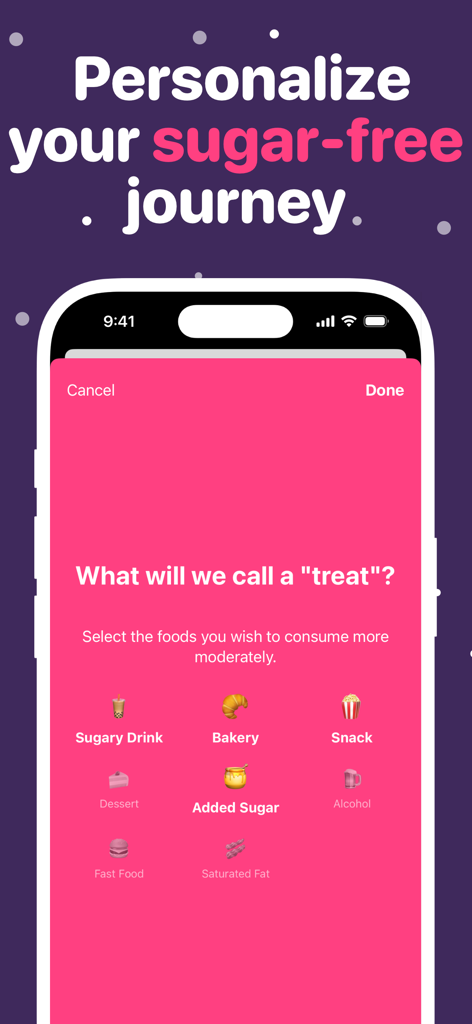 Quit Sugar: No Treat Today - Pantalla de personalización de la aplicación Quit Sugar que muestra diferentes categorías de caprichos alimenticios como bebidas azucaradas y panadería