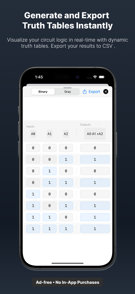 Logic Circuits Simulator - A truth table interface within the Logic Circuits Simulator app showing binary inputs and circuit outputs