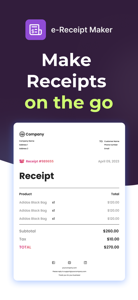 A professional digital receipt displayed on the e-Receipt Maker mobile app interface