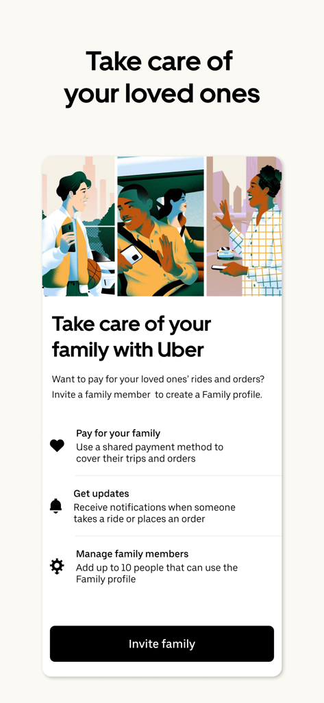Uber App-Bildschirm, der Familienprofilfunktionen wie gemeinsame Zahlungen und Fahrtbenachrichtigungen erklärt.