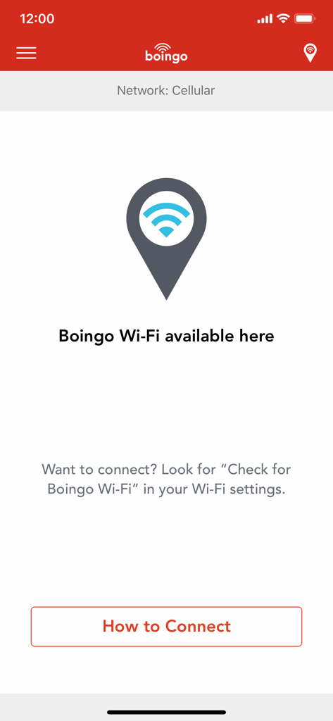 Interfaz de la aplicación Boingo Wi-Finder que muestra que hay un punto de acceso Wi-Fi disponible en la ubicación actual del usuario con un botón Cómo conectarse.