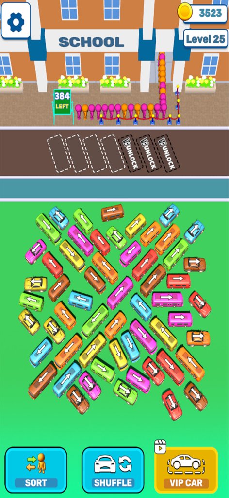 Bus Out Frenzy Traffic Jam - Gameplay of Bus Out Frenzy showing a bus traffic jam puzzle with colorful vehicles and passengers waiting at a school.