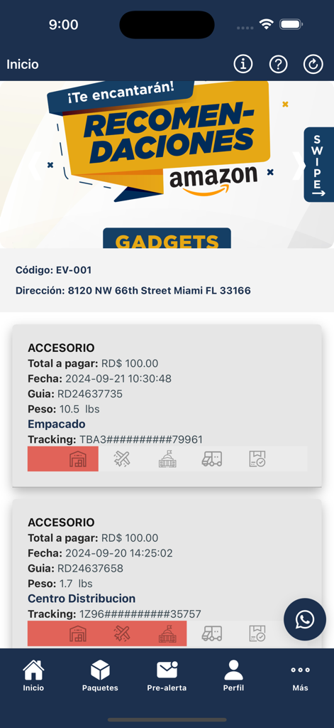 Envios RD Startbildschirm mit Paketverfolgungsinformationen und einer Versandlageradresse