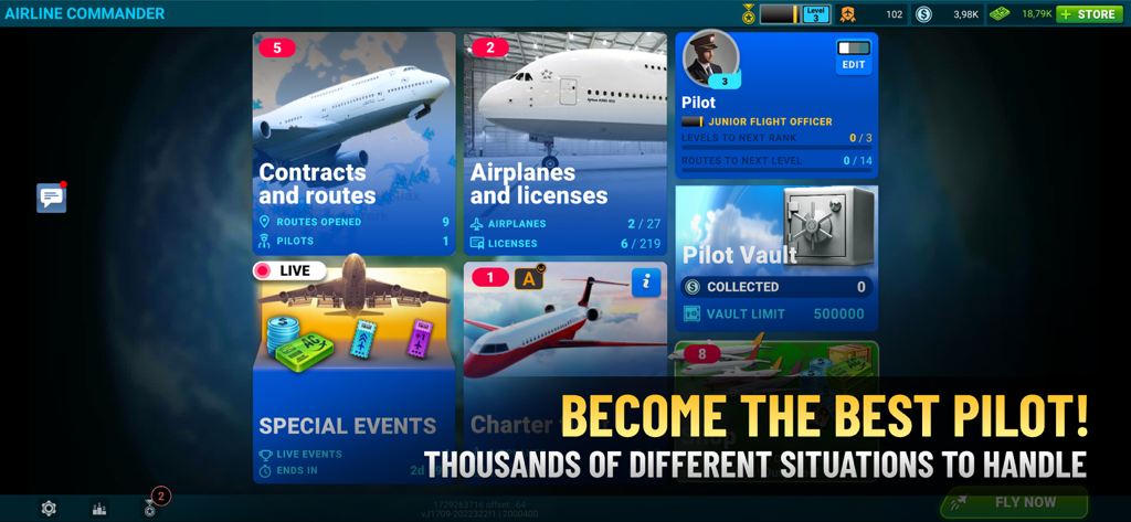 Airline Commander: Flight Game - Main menu of Airline Commander flight simulator showing pilot progression and airline management options