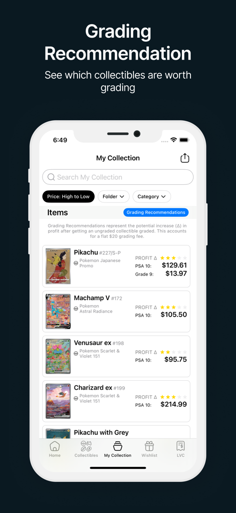 PriceCharting: TCG, Games+ - PriceCharting app showing grading recommendations and potential profit increase for Pokemon cards