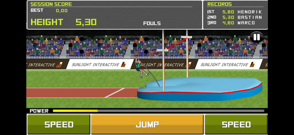 Ein Stabhochsprung-Wettbewerb im mobilen Spiel Deluxe Track and Field mit Retro-Grafiken und Spielersteuerungen.