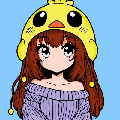 anime girl with chick shaped hat with sweater with bare shoulders with bangs covering them one eye with low tail