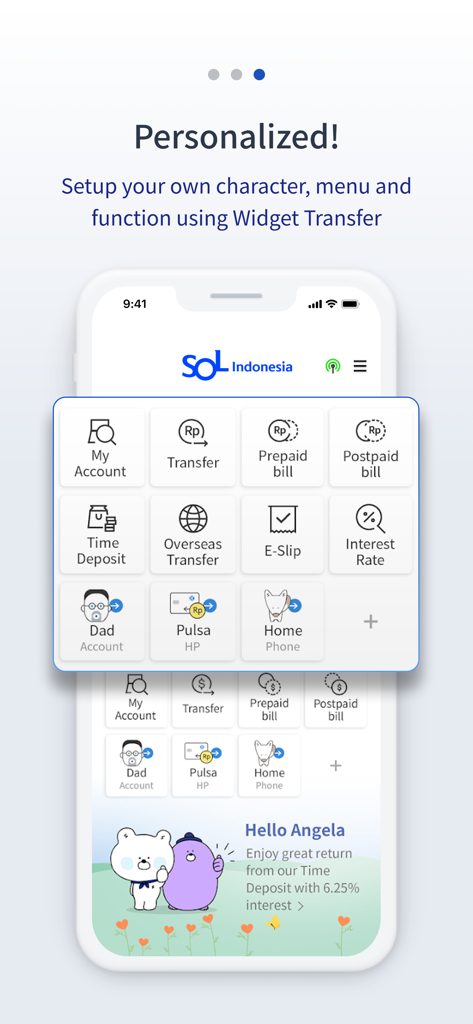 SOL Indonesia - SOLインドネシアのモバイルバンキングアプリ画面、パーソナライズされたウィジェット送金ショートカットとキュートなキャラクターインターフェースを特徴とする