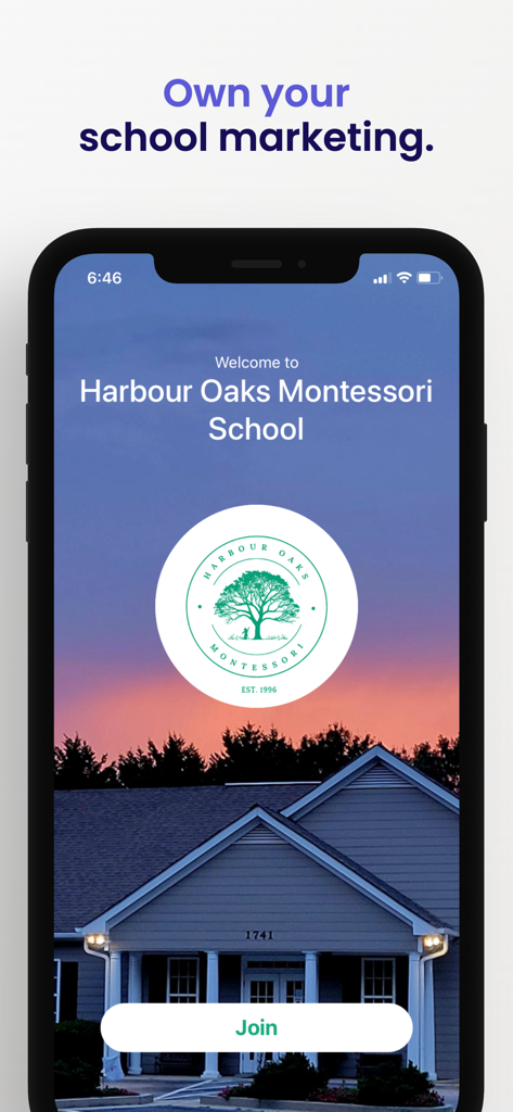 The Montessori App - A smartphone showing the welcome screen for Harbour Oaks Montessori School with a join button