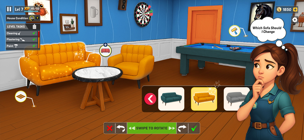Dream House Design: Home Games - A character in Dream House Design choosing a new sofa for a living room renovation project with a pool table and dartboard.
