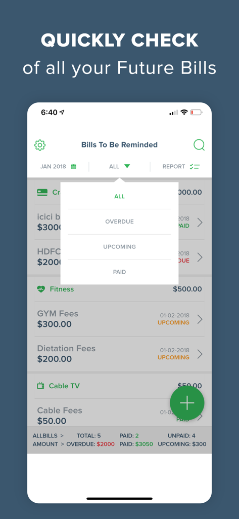 Bill Organizer app interface showing a list of bills with status filters for overdue and upcoming payments