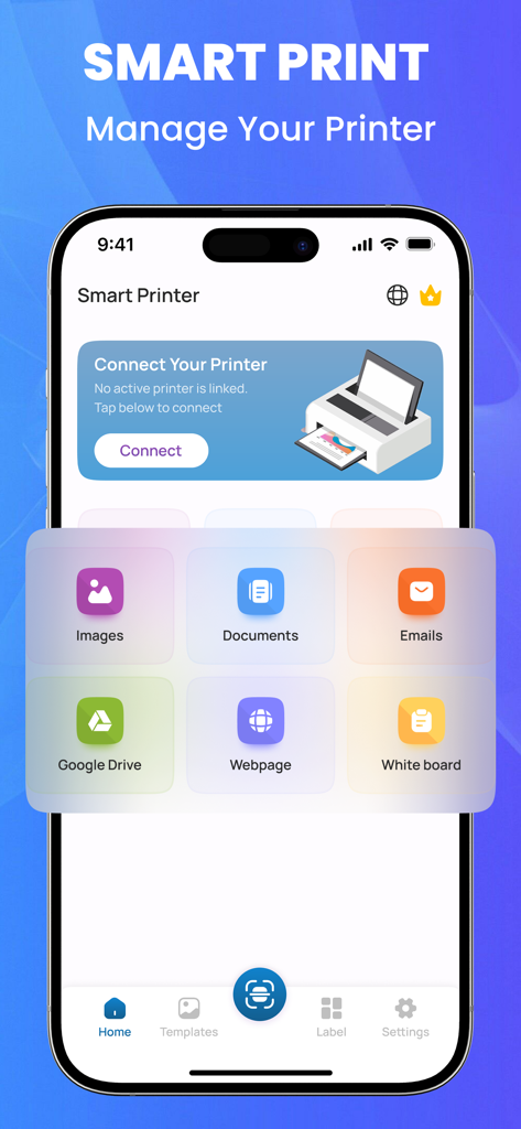 Smart Printer: iPrint App Scan - Smart Printer app home screen on an iPhone showing print options for documents images and cloud files