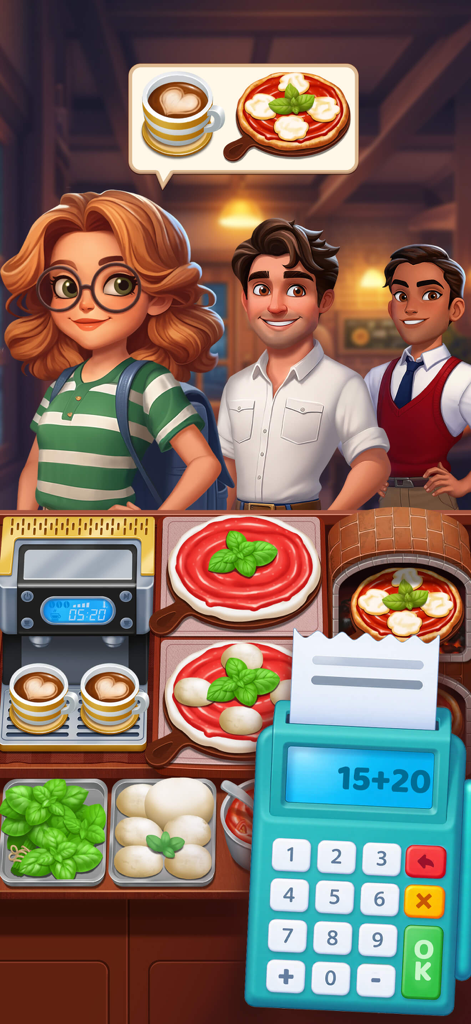 Cooking Ready - Una captura de pantalla vertical de Cooking Ready mostrando a clientes pidiendo pizza y café en el mostrador de un restaurante