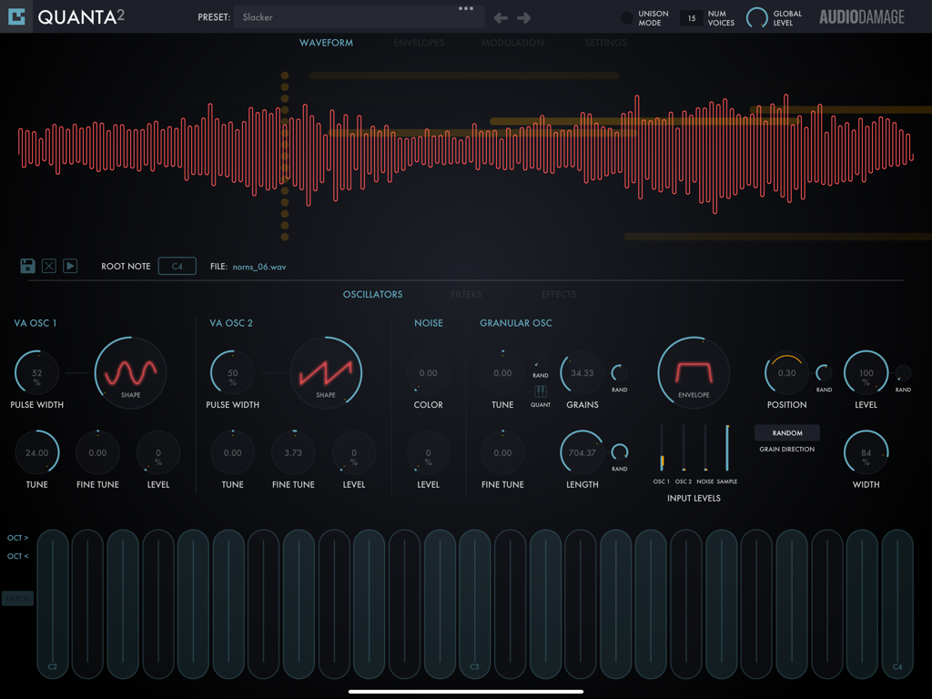 Quanta 2 granular synthesizer interface with waveform display and oscillator controls