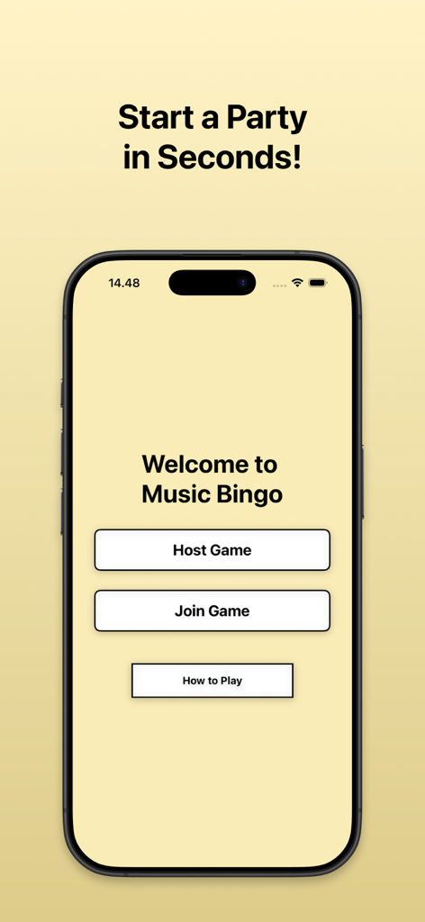Pantalla de bienvenida de la aplicación Music Bingo en un iPhone que muestra las opciones para Organizar Partida o Unirse a Partida
