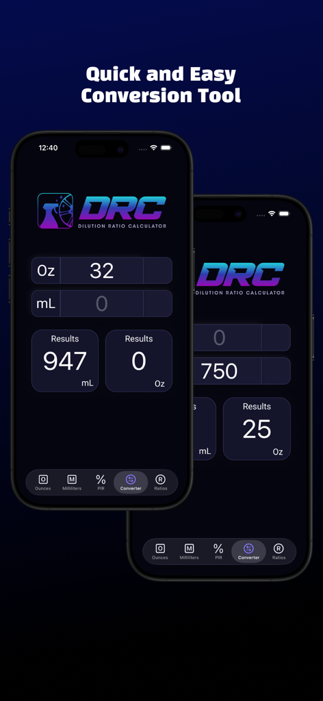 DRC - Detailing Calculator - Interfaz de la aplicación DRC Detailing Calculator mostrando la conversión entre onzas y mililitros