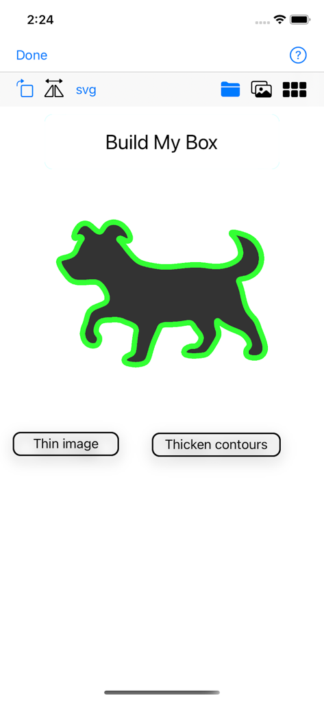 Interfaz de la aplicación 3D Box Maker creando una caja de forma personalizada a partir de la imagen de un perro