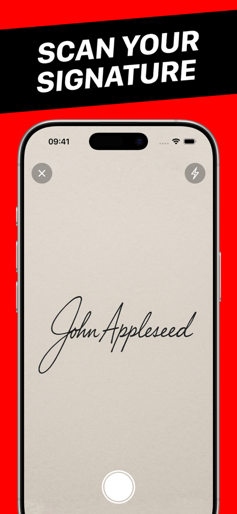 iPhone-Bildschirm, der das Scannen einer handschriftlichen Signatur über die SigPDF-App-Oberfläche zeigt