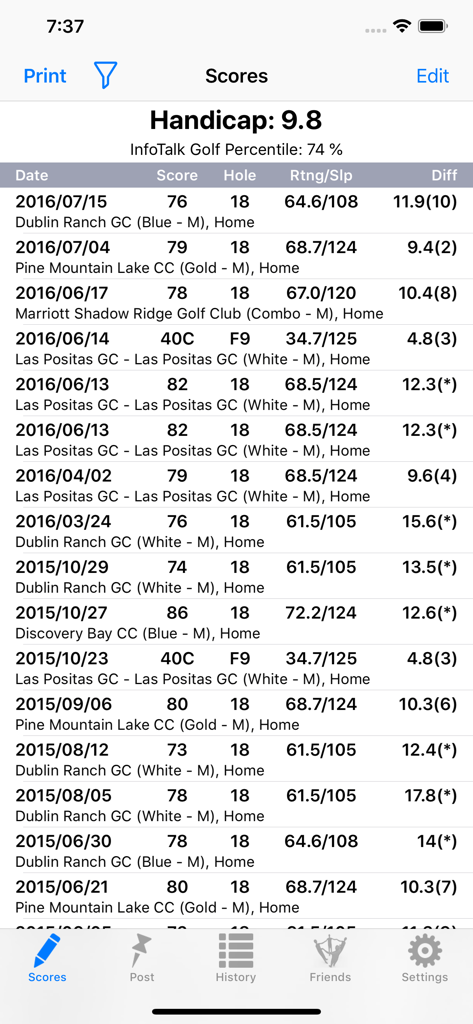 Mobile app screen showing a list of golf scores and calculated handicap index