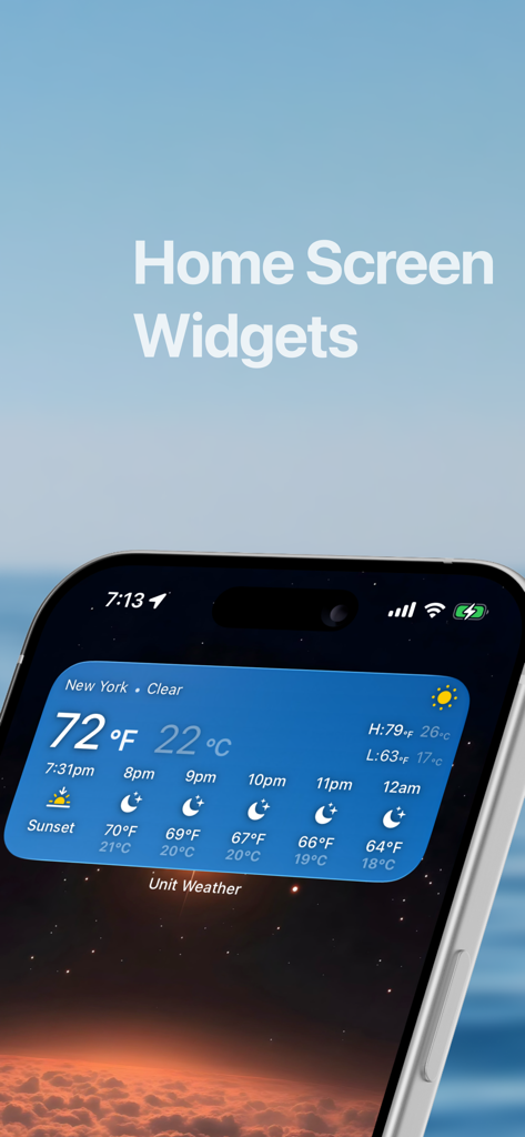 Unit Weather app widget displaying dual temperature units on an iPhone home screen