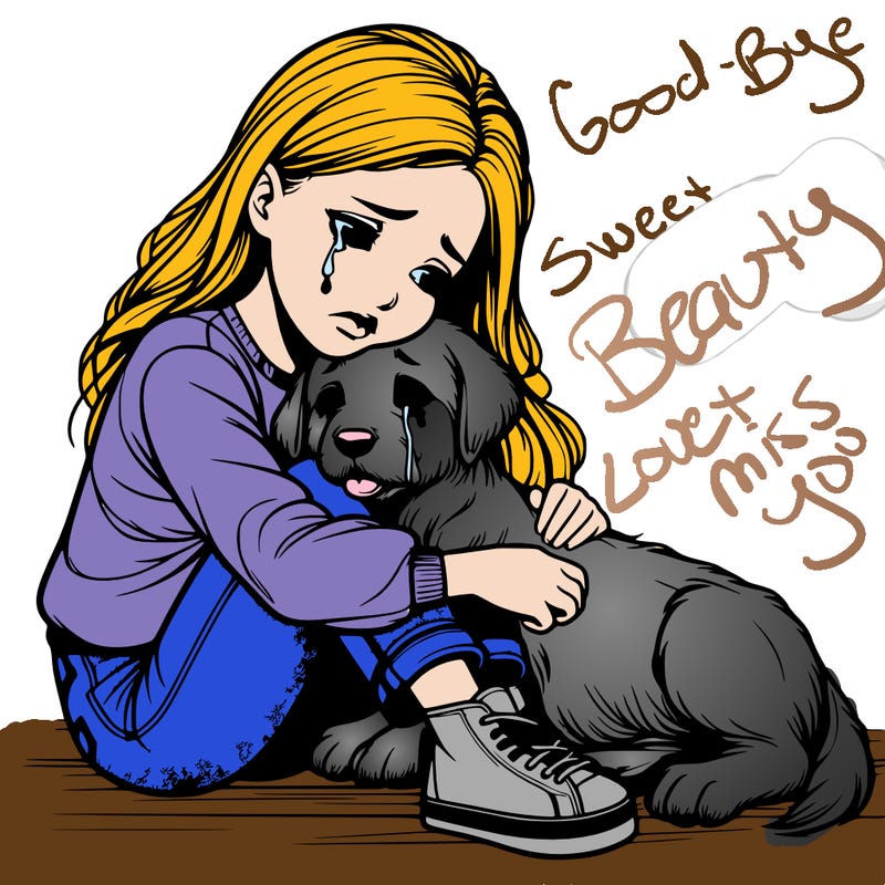 realistic girl crying with a realistic dog laying on her lap