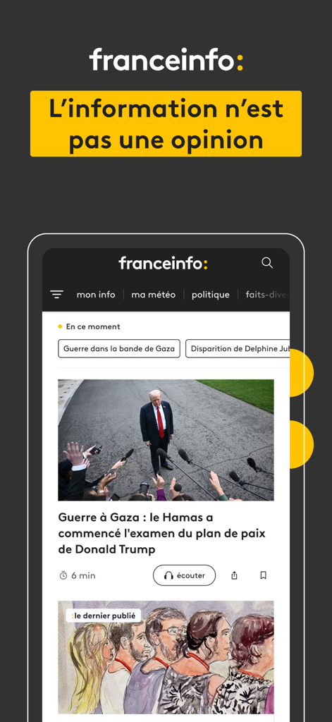 Aplicación móvil de franceinfo que muestra el titular de un artículo de noticias en francés sobre Donald Trump