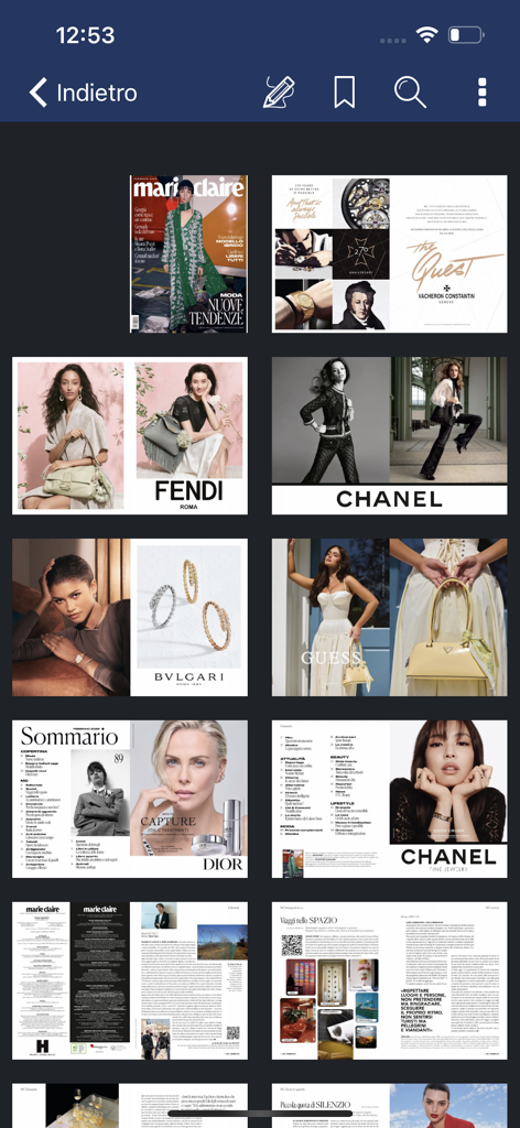A grid view of digital magazine pages from Marie Claire Italia featuring luxury fashion advertisements