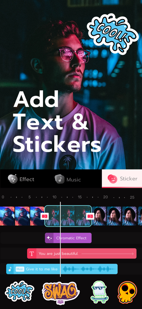 Video editor app interface showing text and sticker overlays on a video clip.