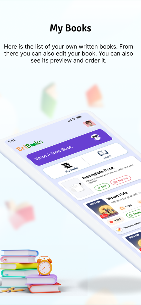 BriBooks - A mobile screen from the BriBooks app displaying a list of a child's written books with options to edit and preview.