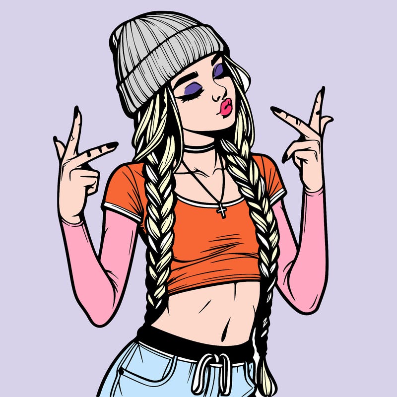 realistic teenage girl with braids and a beanie and crop top doing 🫶🏼