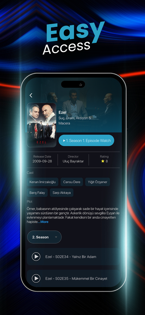 Interfaccia di ABC IPTV PLAYER che mostra dettagli del film, cast ed elenco episodi su uno schermo mobile