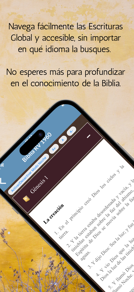 Biblia Chat IA GPT - Spanische Bibel-Leseoberfläche, die Genesis 1 in der Biblia Chat IA App zeigt