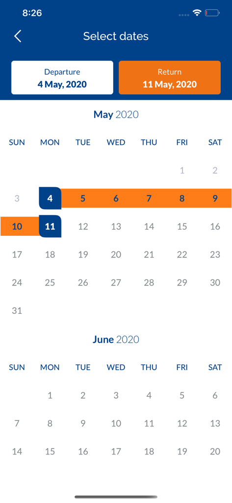 Smartwings - Smartwings app interface showing a calendar for selecting flight departure and return dates