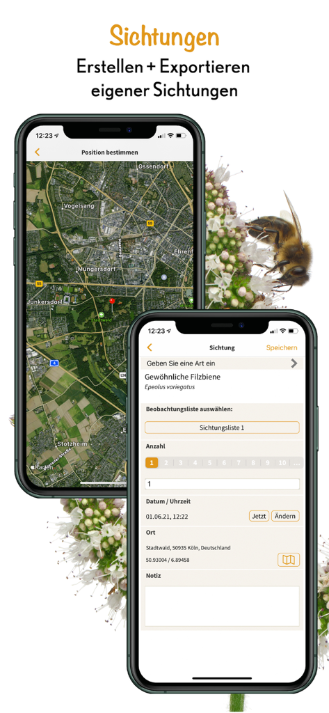 Oberfläche der Wildbienen Id App, die einen Sichtungsdatensatz und eine GPS-Karte zeigt