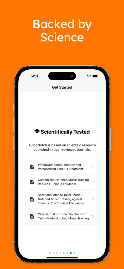 AudioNotch app screen showcasing peer-reviewed scientific research for tinnitus therapy.