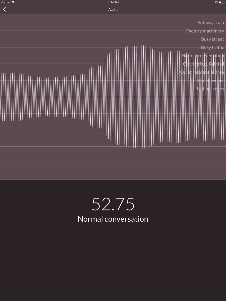 Smart Tools Pro HD - Captura de pantalla de iPad de la herramienta de medidor de decibelios de audio que muestra la visualización del nivel de sonido y una medición de cincuenta y dos decibelios