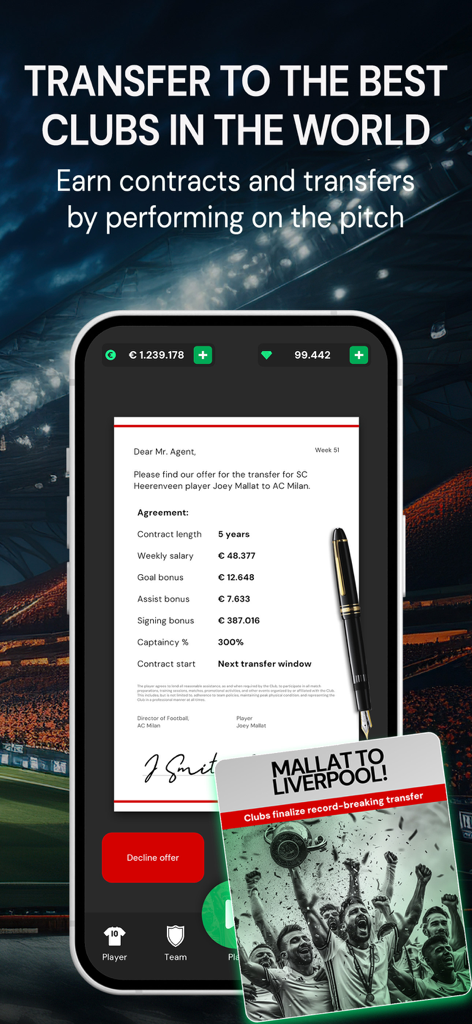 Una pantalla de juego móvil que muestra un contrato de traspaso de fútbol profesional y un titular de noticias sobre un traspaso récord