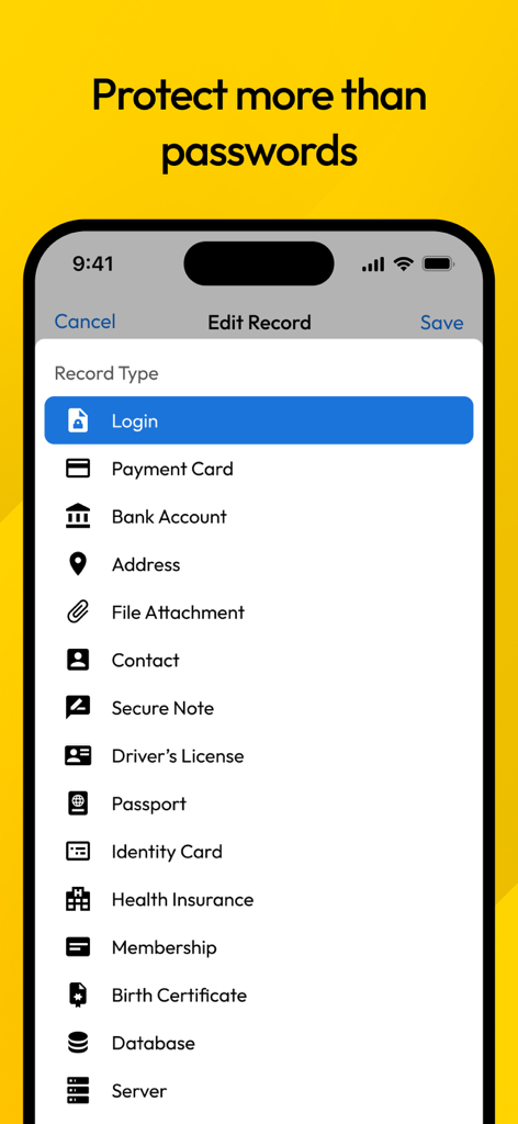 Keeper Password Manager - Interfaccia dell'app Keeper Password Manager che mostra varie opzioni di tipo di record sicuro, inclusi conti bancari, carte d'identità e carte di pagamento