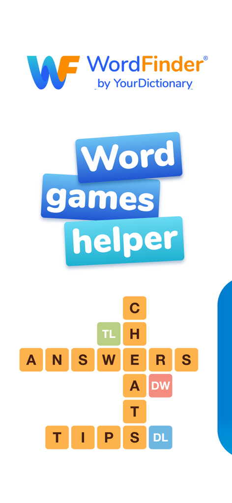 Splash screen for WordFinder by YourDictionary app featuring a crossword puzzle graphic with the words answers cheats and tips