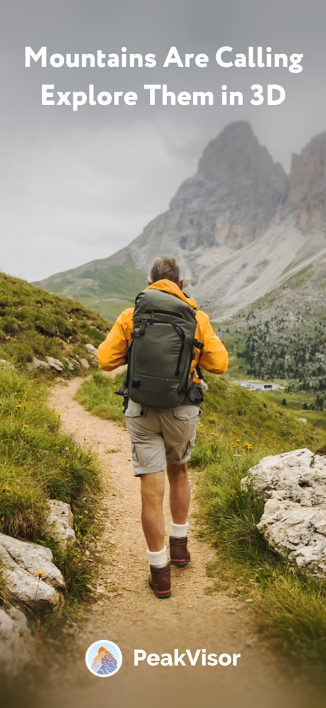 A hiker walking on a mountain trail with the text Mountains Are Calling Explore Them in 3D